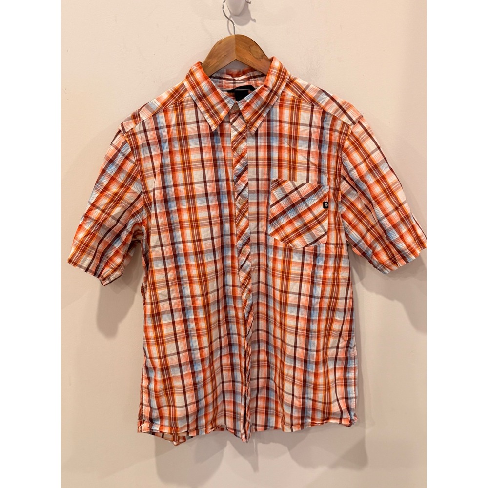 Marmot Mens Medium Orange Plaid Short Sleeve Button Down Hiking Shirt